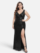 V-neck sequin mesh maxi dress in black, front view.
