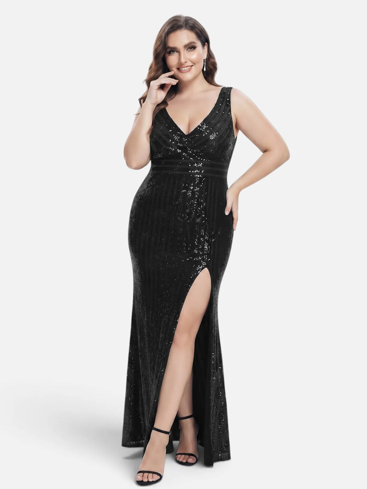 V-neck sequin mesh maxi dress in black, three-quarter view.