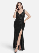 V-neck sequin mesh maxi dress in black, three-quarter view.