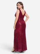 V-neck sequin mesh maxi dress in burgundy, back view.