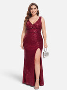 V-neck sequin mesh maxi dress in burgundy, front view.