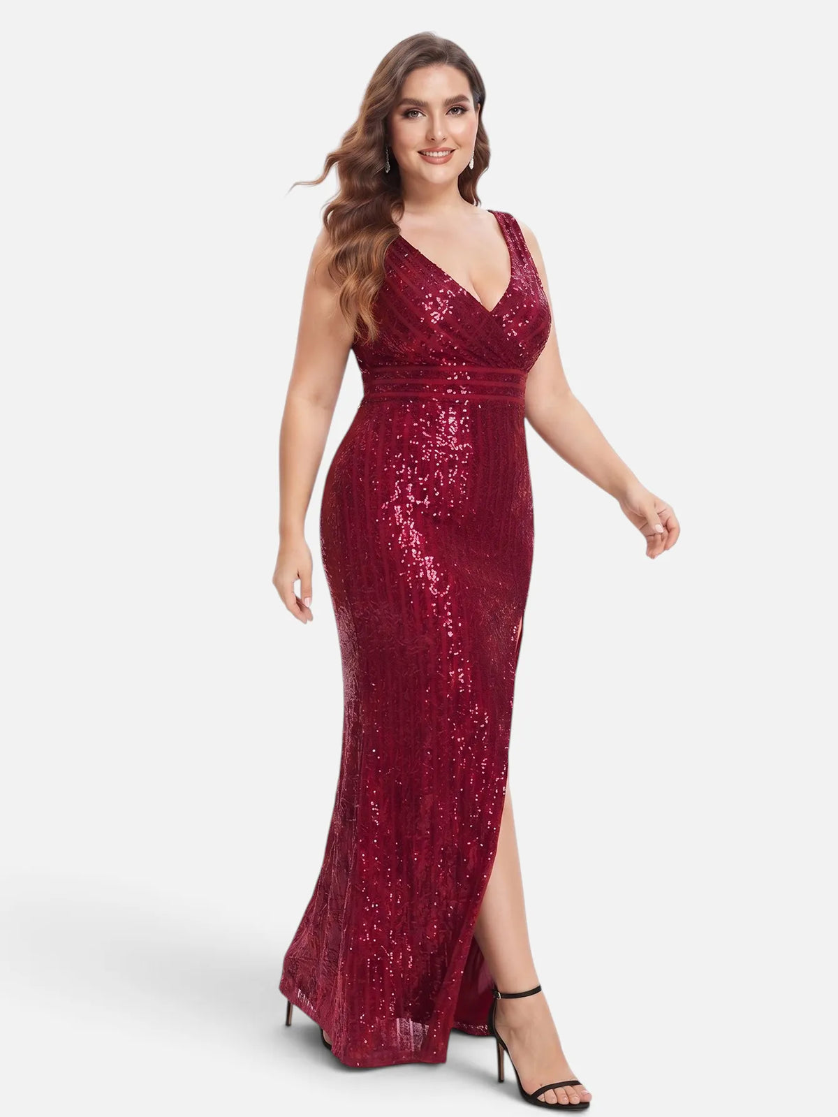 V-neck sequin mesh maxi dress in burgundy, skirt shown in movement.