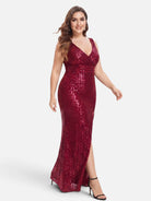 V-neck sequin mesh maxi dress in burgundy, skirt shown in movement.