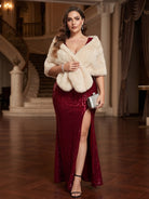 V-neck sequin mesh maxi dress in burgundy, styled with a shawl.
