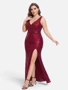 V-neck sequin mesh maxi dress in burgundy, three-quarter view.