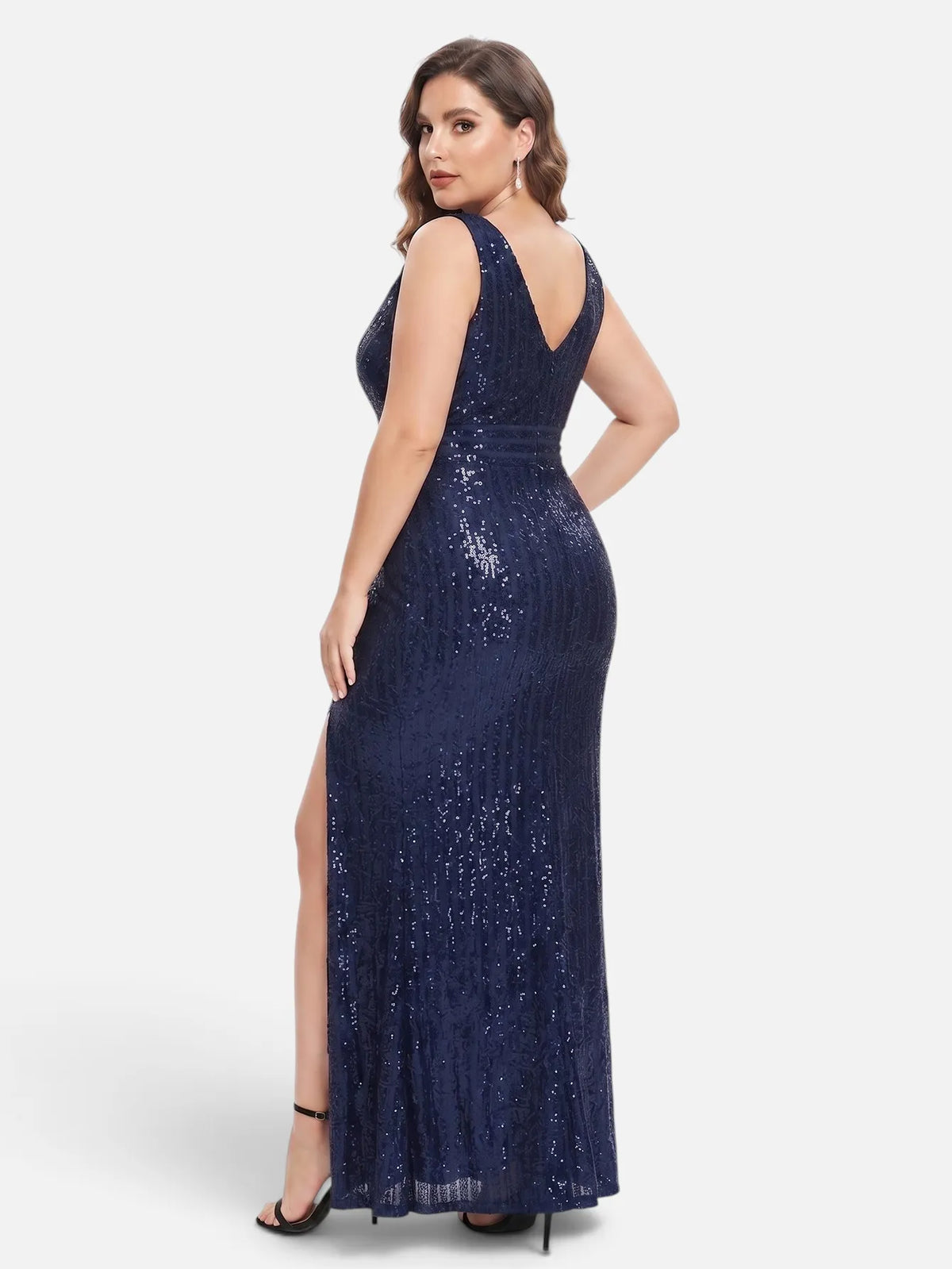 V-neck sequin mesh maxi dress in navy, back view.