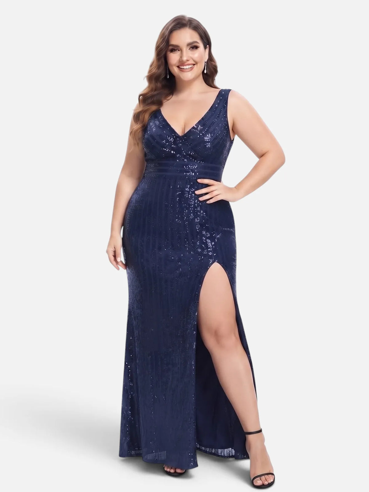 V-neck sequin mesh maxi dress in navy, front view.