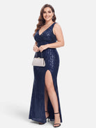 V-neck sequin mesh maxi dress in navy, three-quarter view.